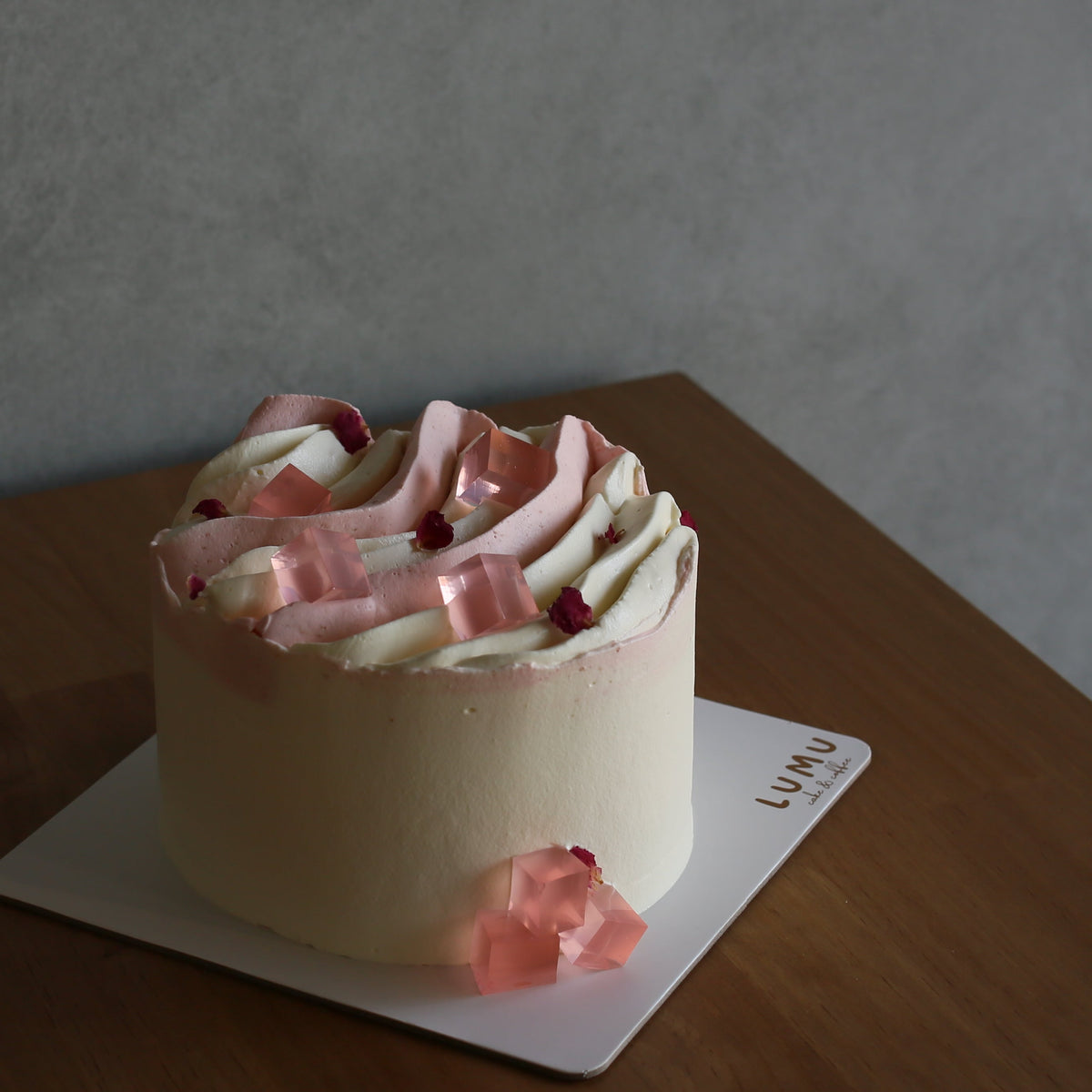 Rose lychee chiffon cake with real rose petals and rose cream